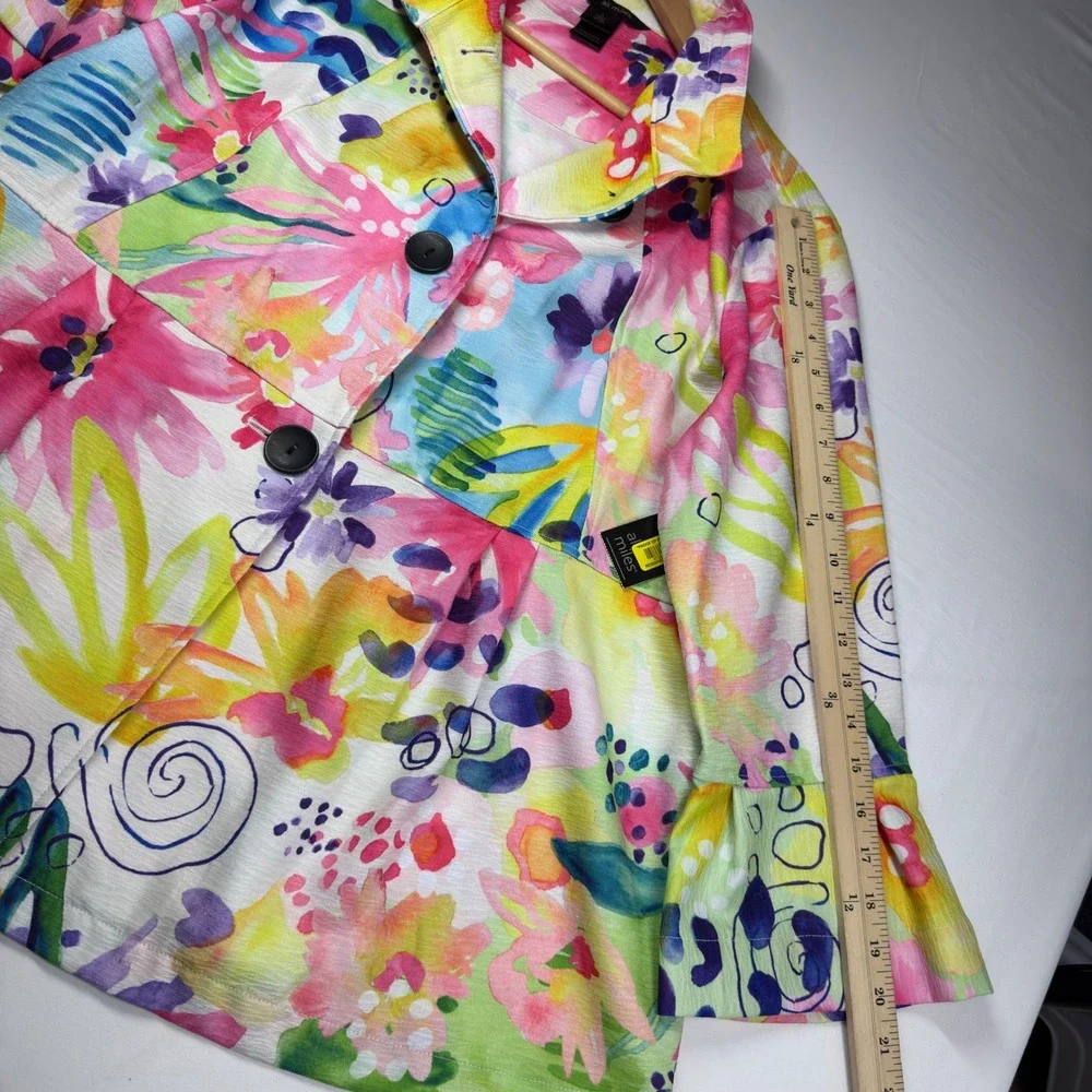 NEW Ali Miles Watercolor Floral Bell Sleeve Jacket Sz L Colorful Lagenlook Artsy